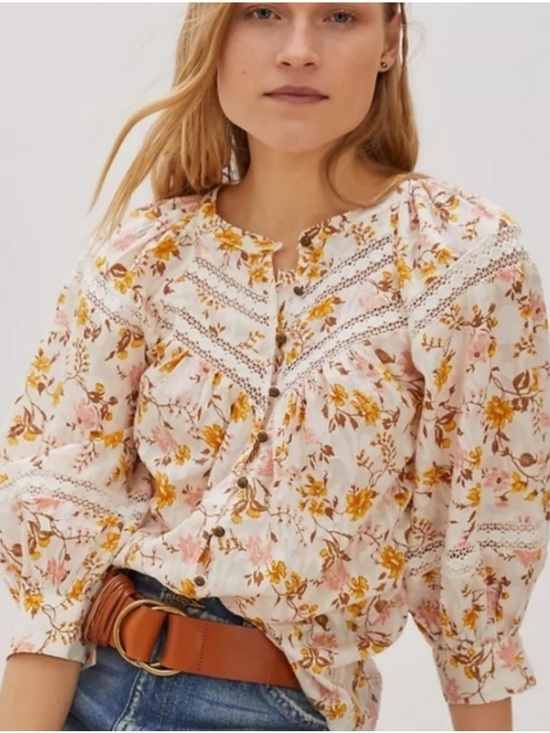 Anthropologie Tops - Anthropologie Harmony Lace Floral White Peasant Boho Blouse Top size medium